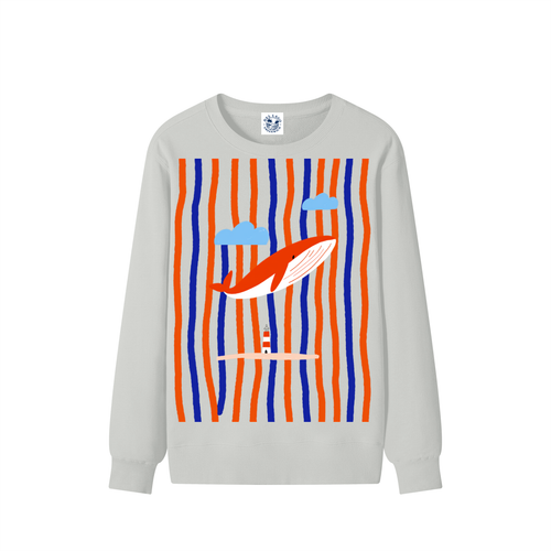 A light gray  graphic sweatshirt featuring a red whale against wavy orange and blue vertical stripes with small clouds.