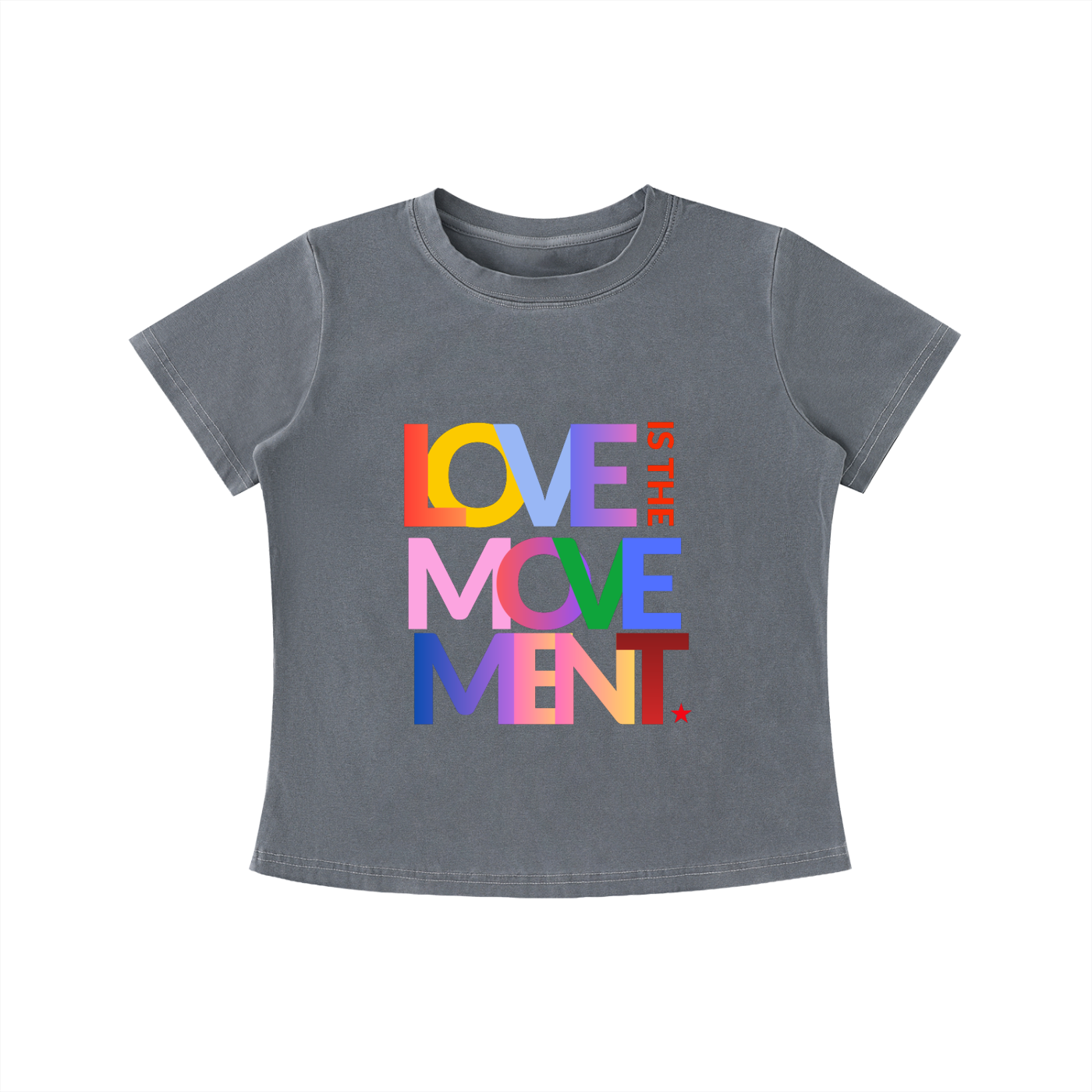 Gray Love Is the Movement graphic t-shirt featuring uplifting artwork inspired by kindness, unity, and positive self-expression.