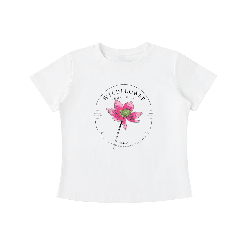White Wildflower Society graphic t-shirt featuring botanical artwork inspired by wildflowers, nature, and free-spirited living.