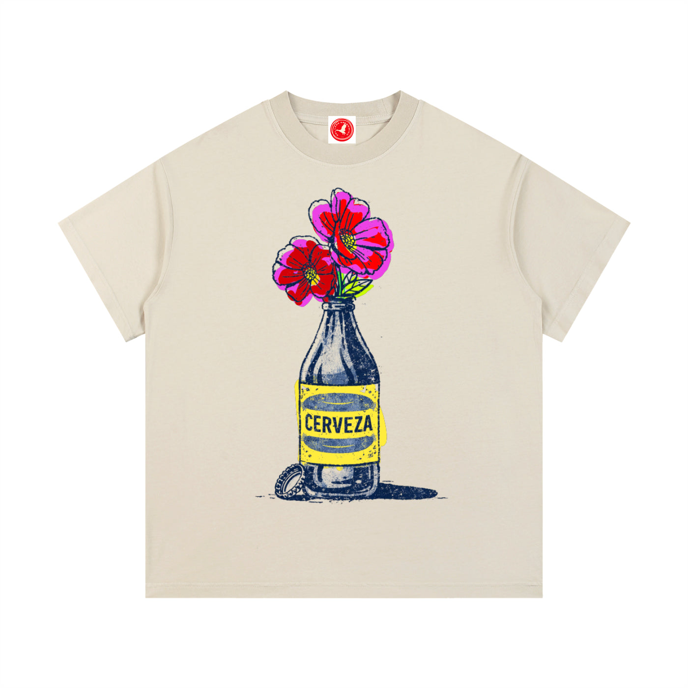 Beige Cerveza Bloom Bottle graphic t-shirt featuring floral bottle artwork inspired by vintage design and botanical illustration.