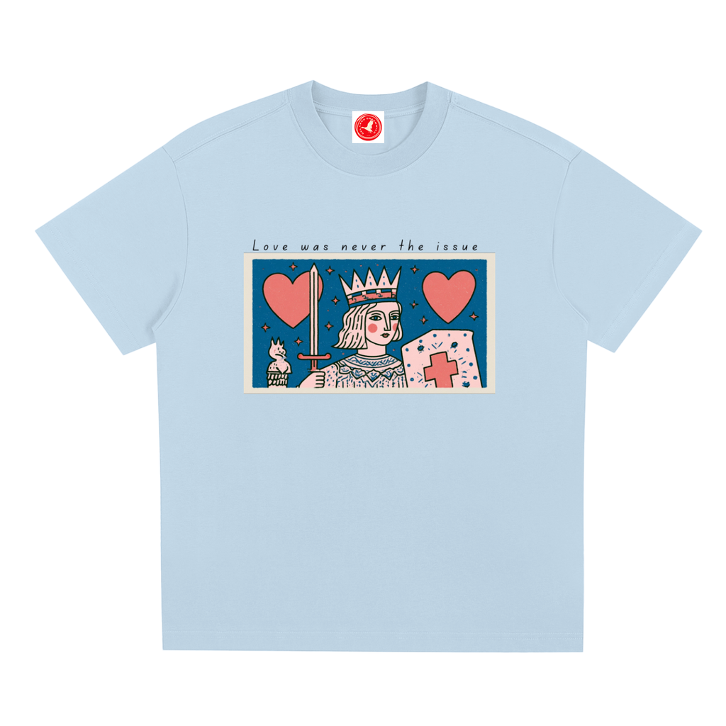 Love Was Never the Issue oversized Sorona® graphic t-shirt featuring vintage-inspired crowned figure artwork, hearts, and official collar tag.