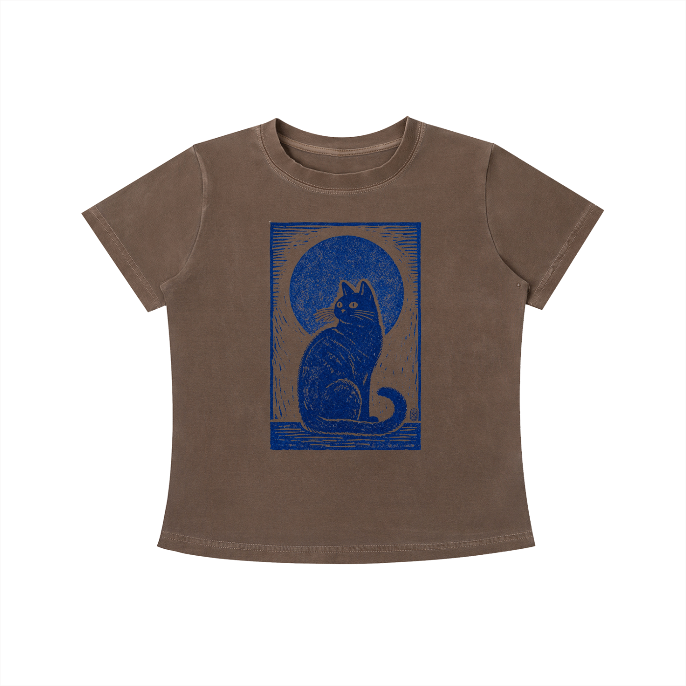 Brown Midnight Cat Indigo graphic t-shirt featuring artistic cat artwork inspired by moonlit evenings and feline charm.