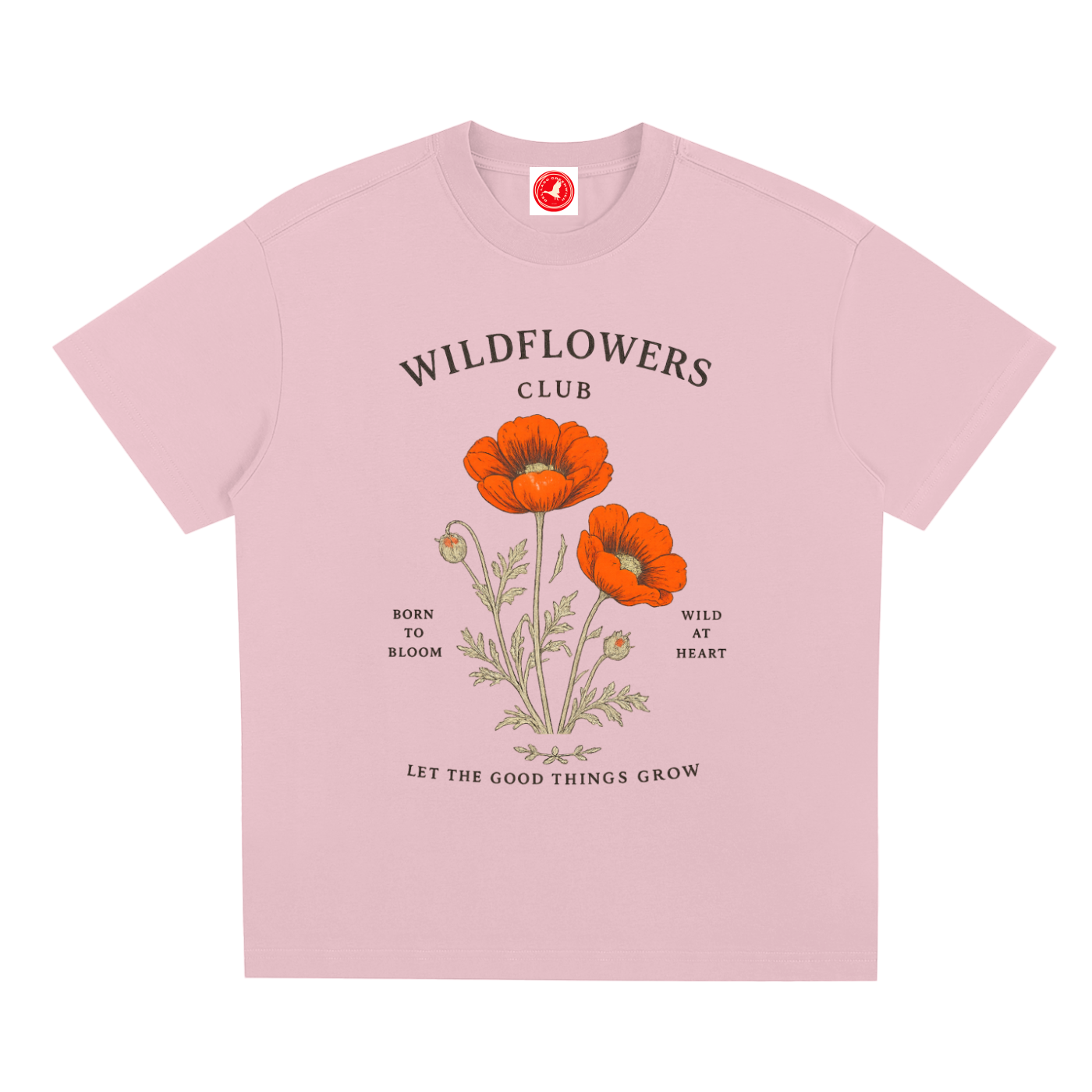 Pink Grow Wild graphic t-shirt featuring nature-inspired artwork celebrating growth, freedom, and wild beauty.