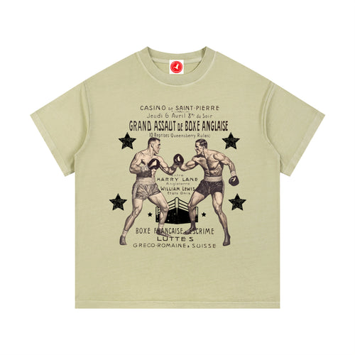 Beige Vintage Boxing Match graphic t-shirt featuring retro boxing artwork inspired by classic fight posters and vintage athletic design.