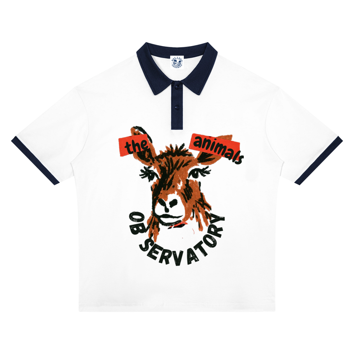 White short-sleeve polo shirt with a navy blue collar and sleeve trim, featuring a large graphic print of a donkey face with red and black text reading 'the animals DO SERVATORY'.
