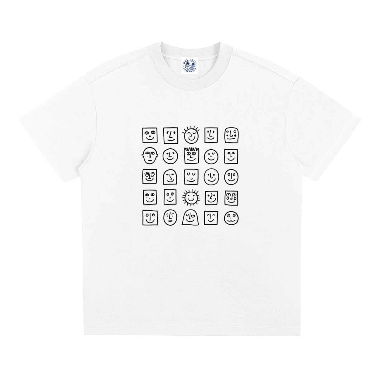 A white short-sleeve crewneck t-shirt featuring a 4x4 grid of black hand-drawn face icons on the front, displayed against a solid white background.
