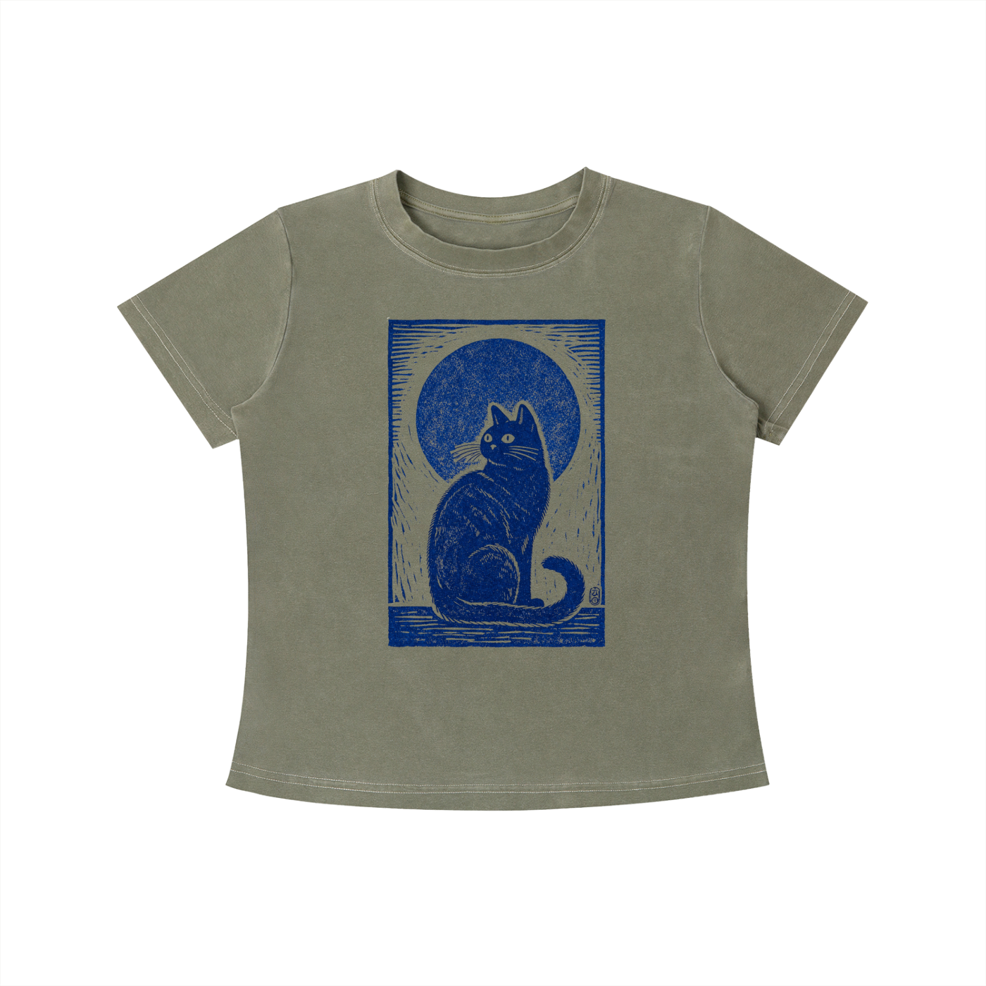 Midnight Cat Indigo graphic t-shirt featuring artistic cat artwork inspired by moonlit evenings and feline charm.