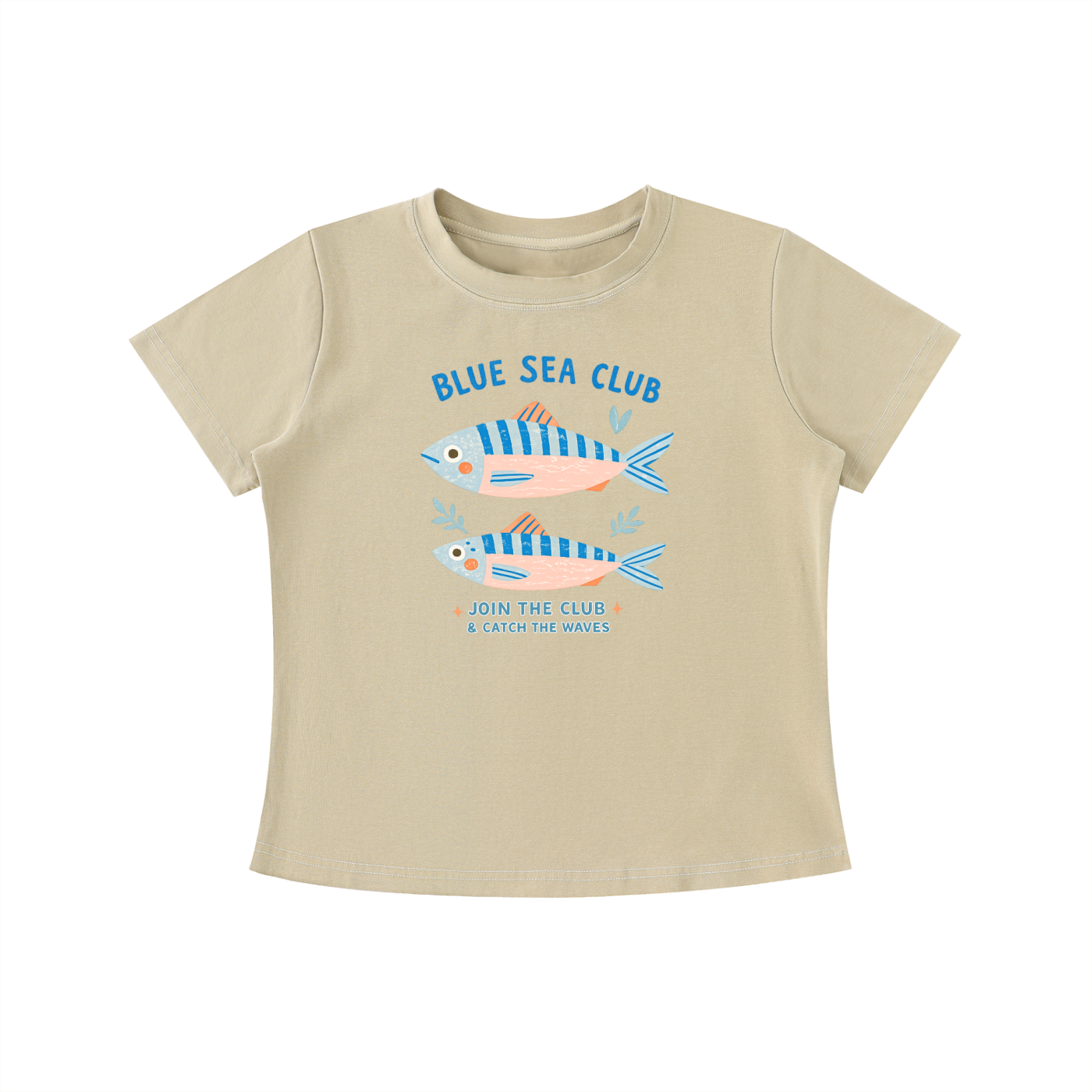Beige Blue Sea Club graphic t-shirt featuring coastal-inspired artwork celebrating ocean adventures and seaside living.