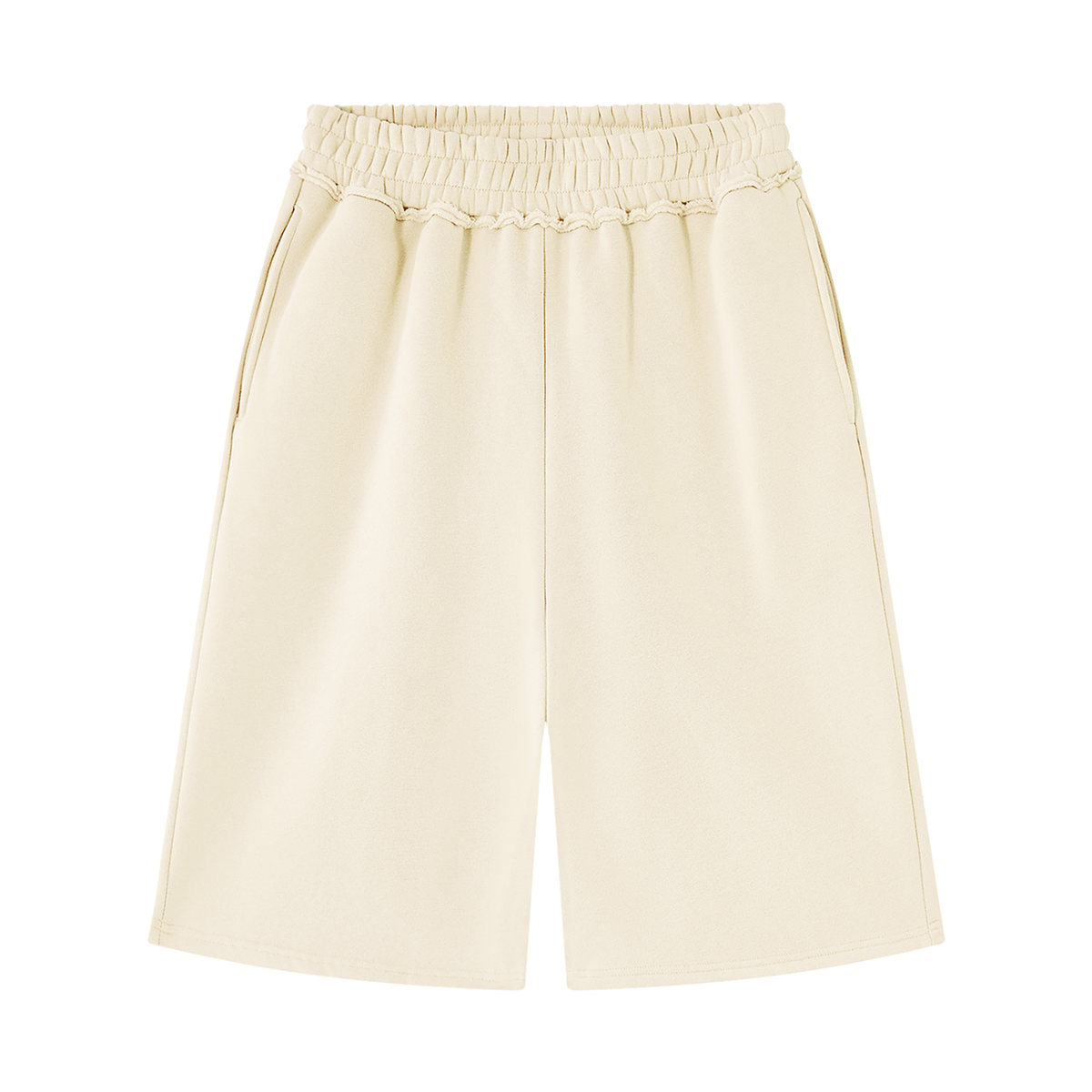 Cream-colored athletic shorts with an elastic waistband,  Del Lago Greenwich