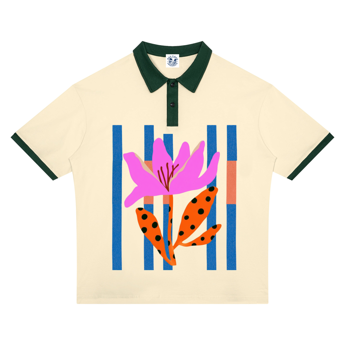 A short-sleeve polo shirt in cream with a dark green collar and sleeve cuffs, featuring a colorful graphic print of a pink flower, orange polka-dotted leaves, and blue vertical stripes on the front.