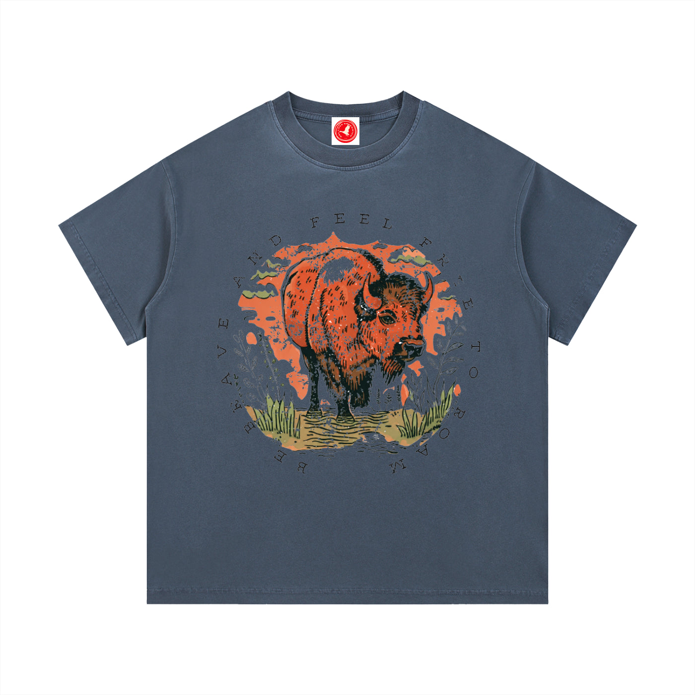 Blue Feel Free to Roam graphic t-shirt featuring buffalo artwork inspired by wildlife, exploration, and the American West.