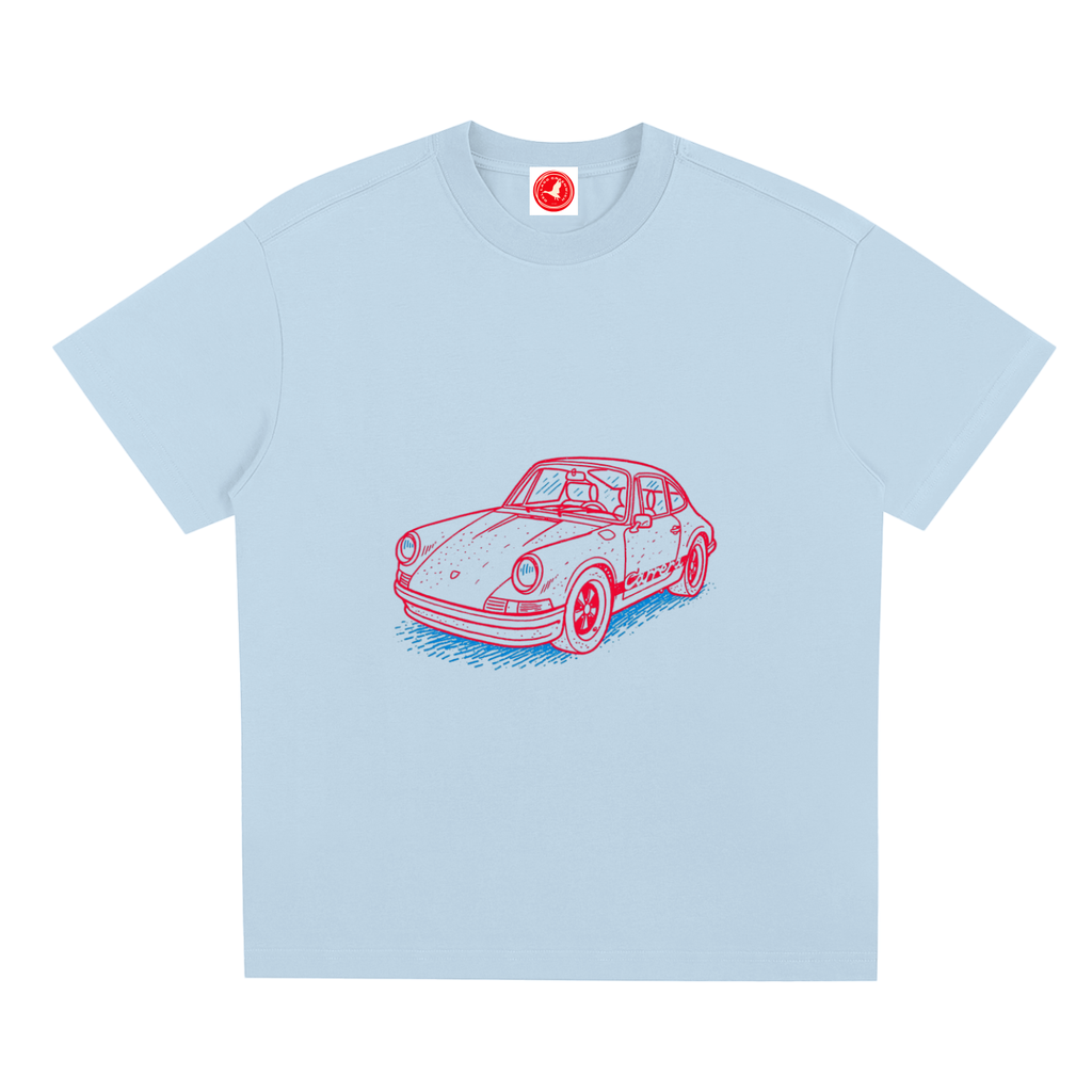 Silent Tactical oversized graphic t-shirt featuring a neon-inspired sports car illustration, available in multiple color options with a relaxed unisex fit.