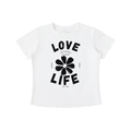 White Love Life women's graphic t-shirt featuring uplifting artwork inspired by positivity, creativity, and everyday happiness.