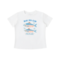 White Blue Sea Club graphic t-shirt featuring coastal-inspired artwork celebrating ocean adventures and seaside living.