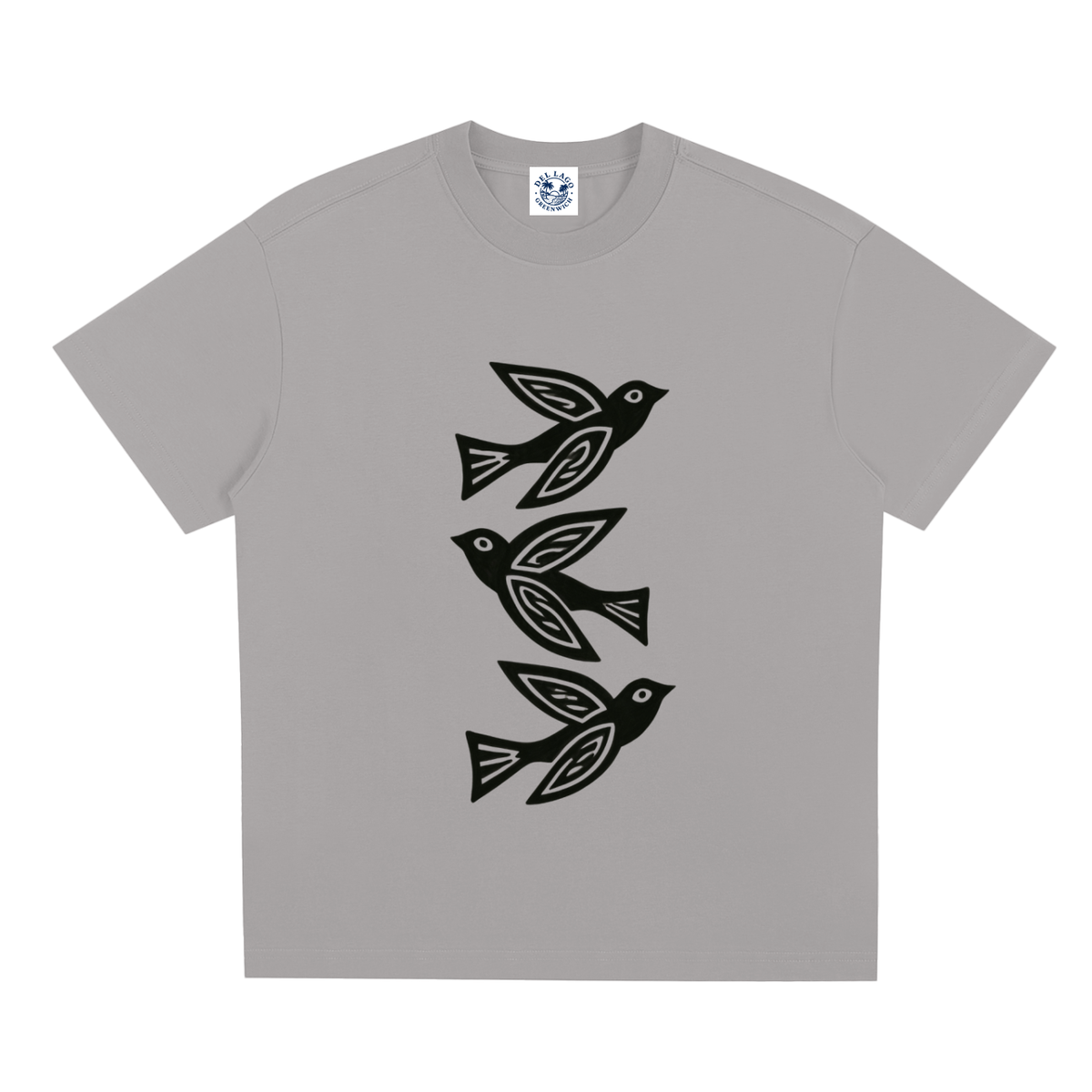 A light gray short-sleeve crewneck t-shirt featuring a vertical graphic print of three stylized black birds with white eye details.