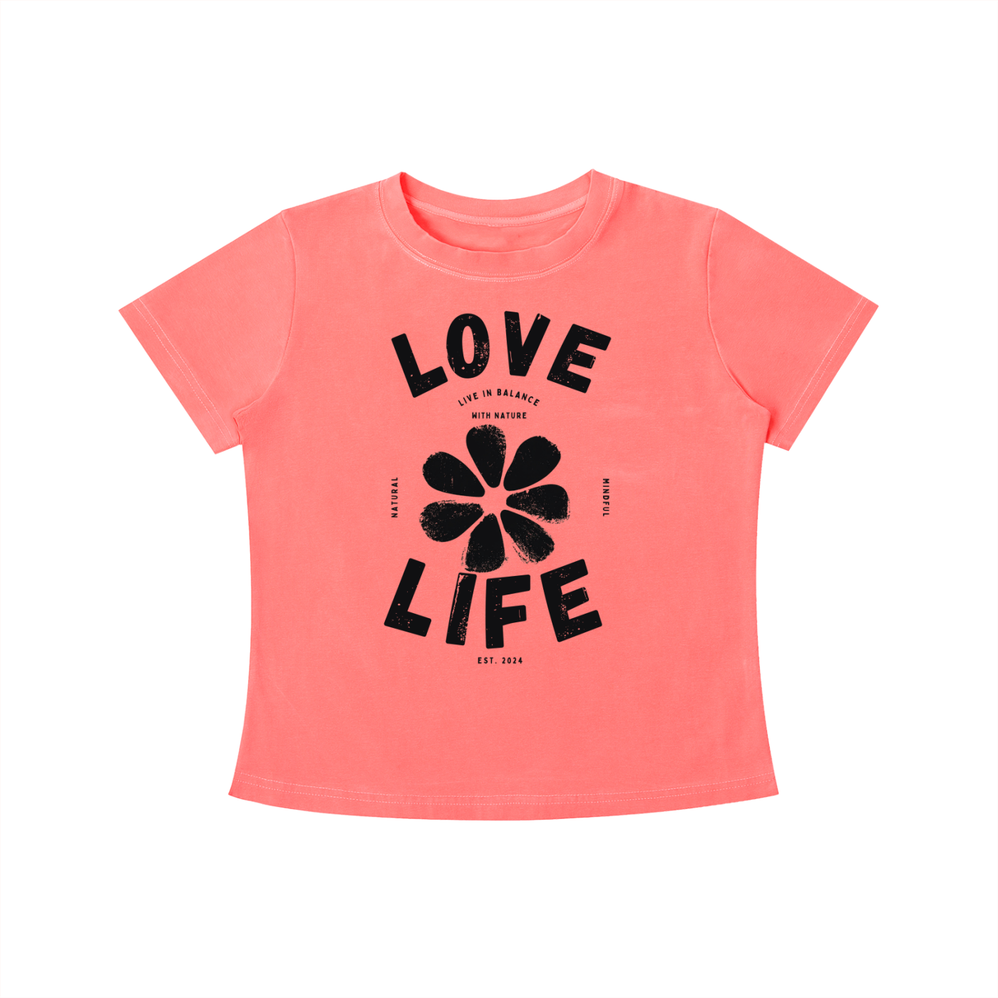 Pink Love Life women's graphic t-shirt featuring uplifting artwork inspired by positivity, creativity, and everyday happiness.