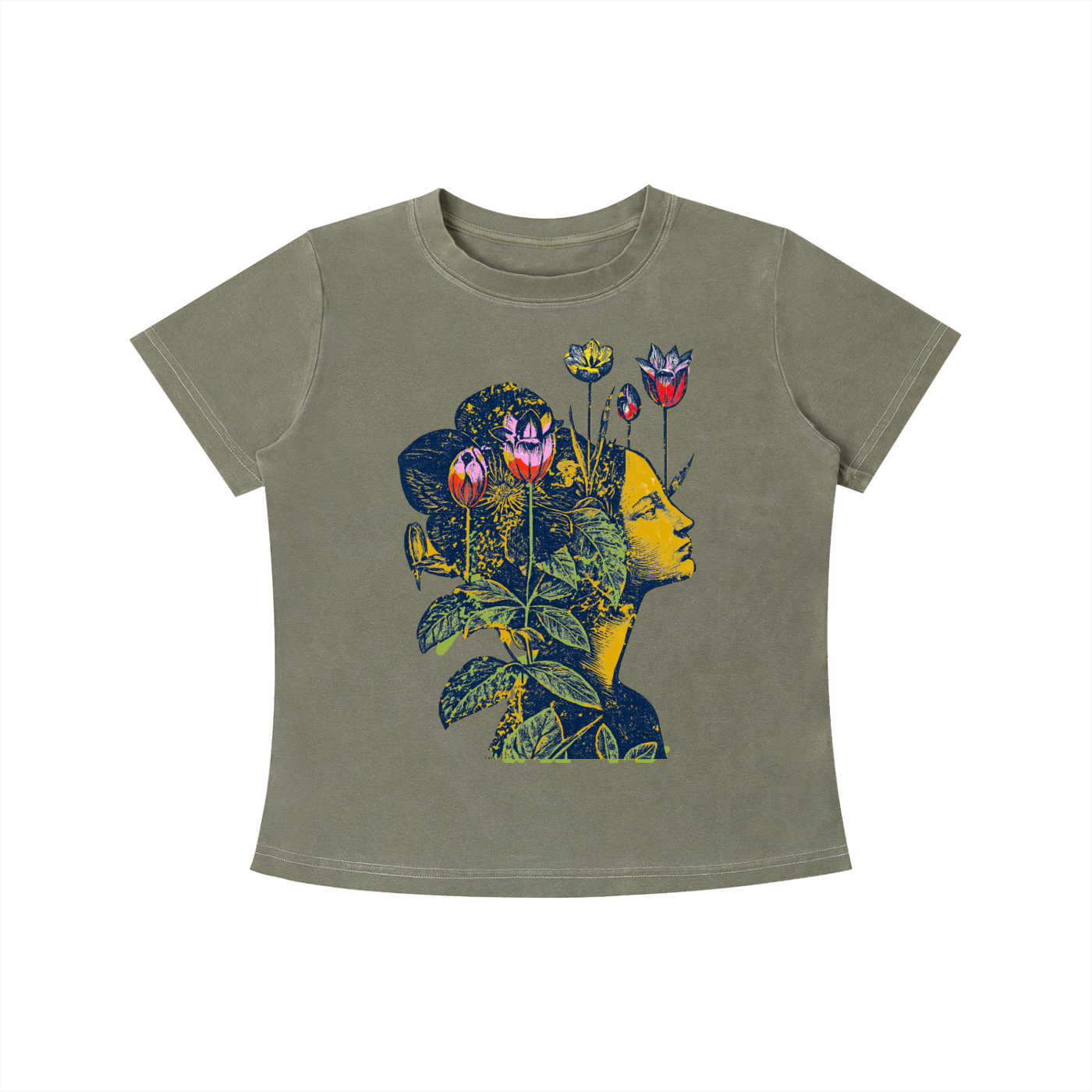 Green Floral Mind Silhouette graphic t-shirt featuring artistic portrait artwork blended with botanical elements and creative expression.