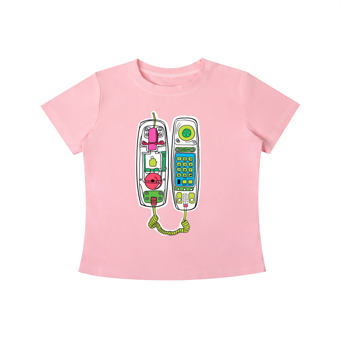 Pink Retro Call graphic t-shirt featuring vintage telephone artwork inspired by nostalgia and retro design.