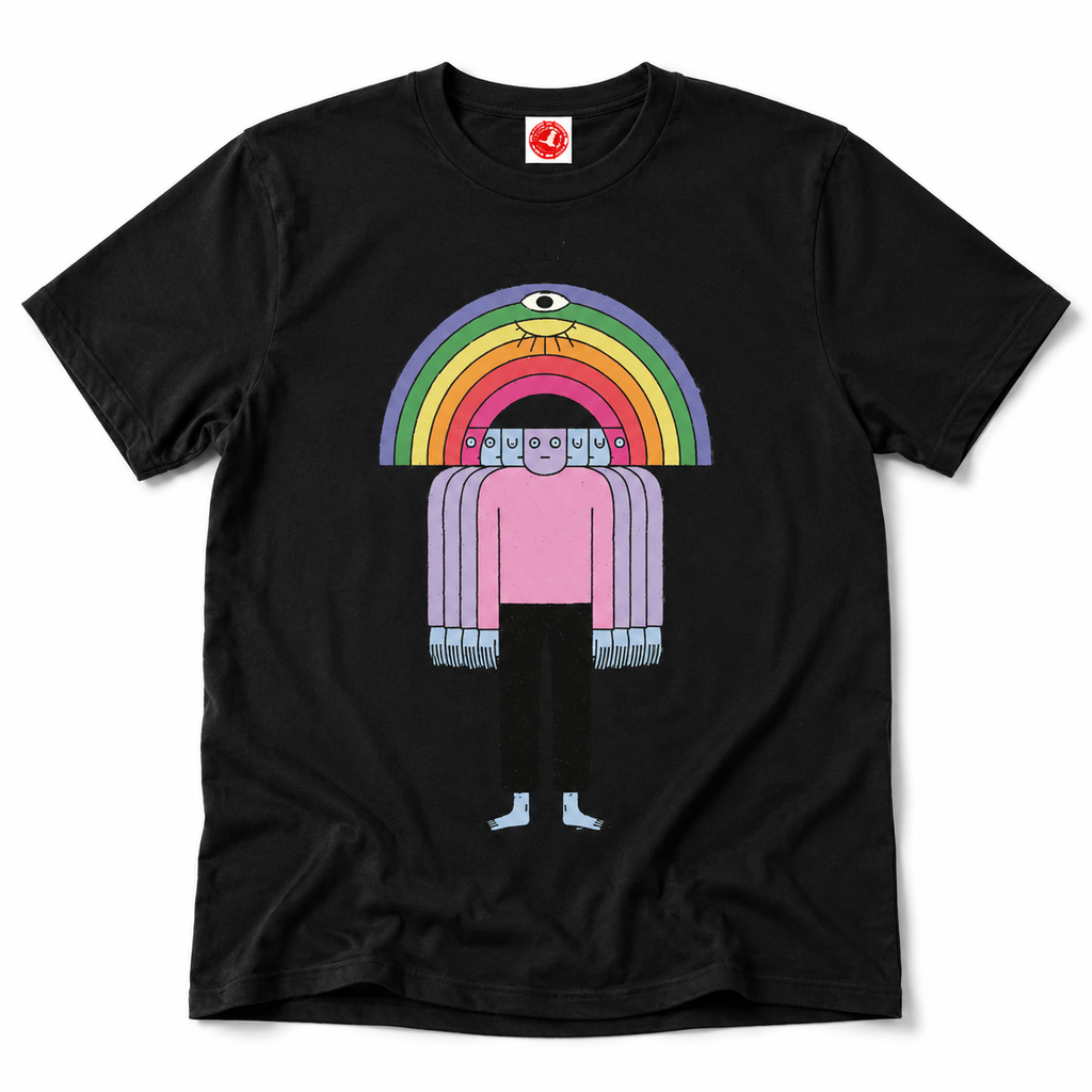 Black Friends Tee by Del Lago Greenwich featuring a colorful rainbow character graphic on a premium cotton t-shirt. Front product view displayed on a clean white background.