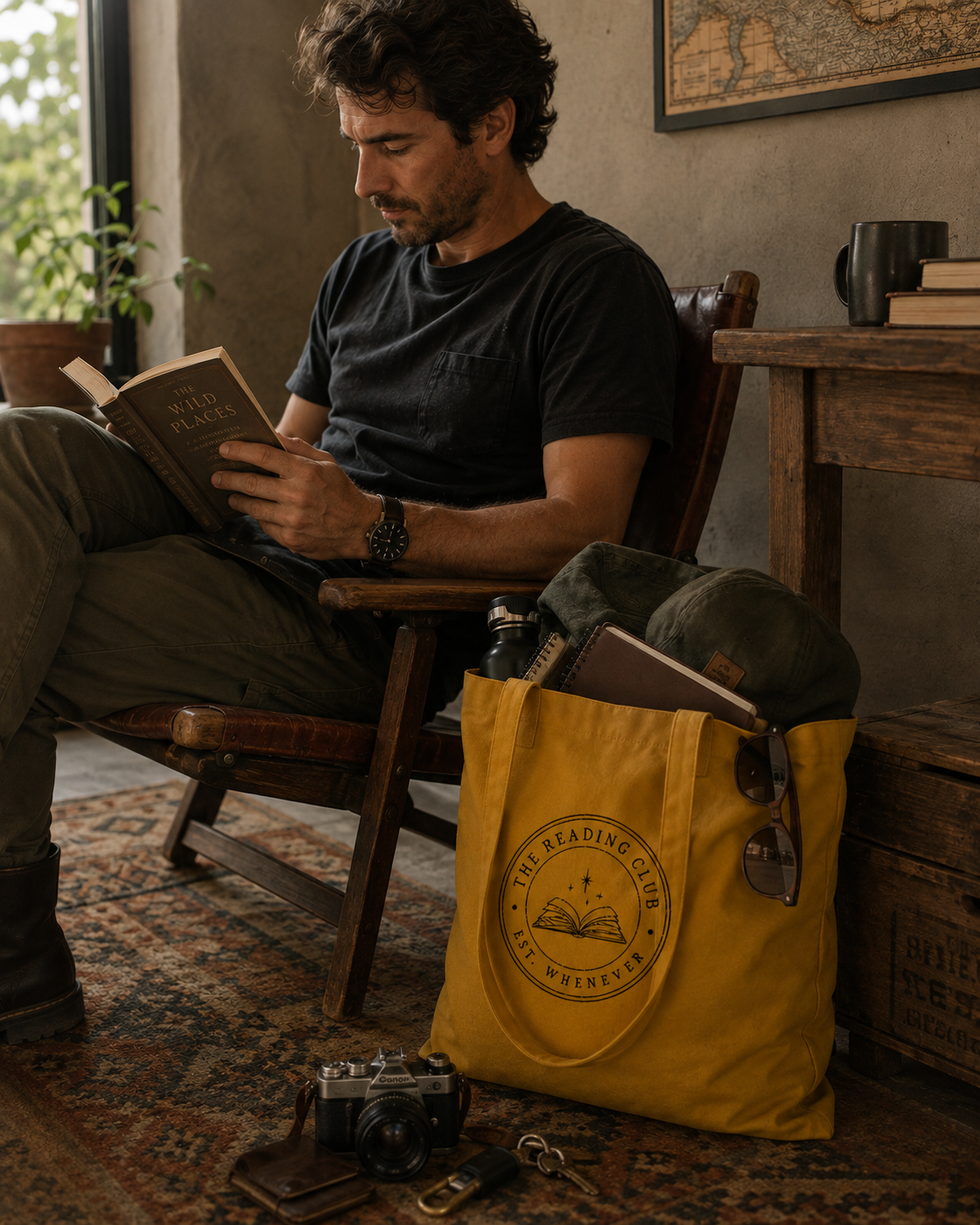 A man sits in a wooden chair reading a book in a rustic room, with a mustard yellow canvas tote bag printed with 'The Reading Club of Minneapolis' beside him on the floor.